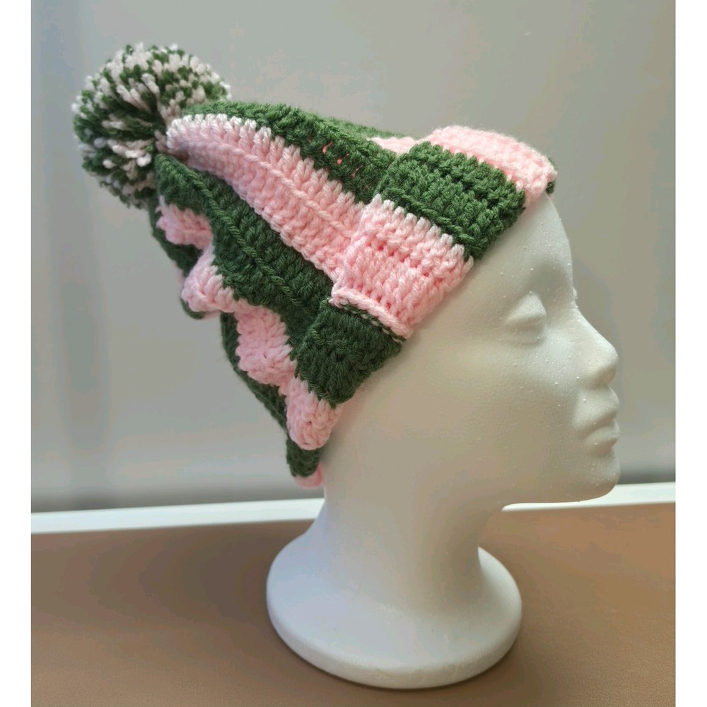 Handmade Striped Crochet Beanie Vertical Ribbed Panels and Pom Pom Pink Green